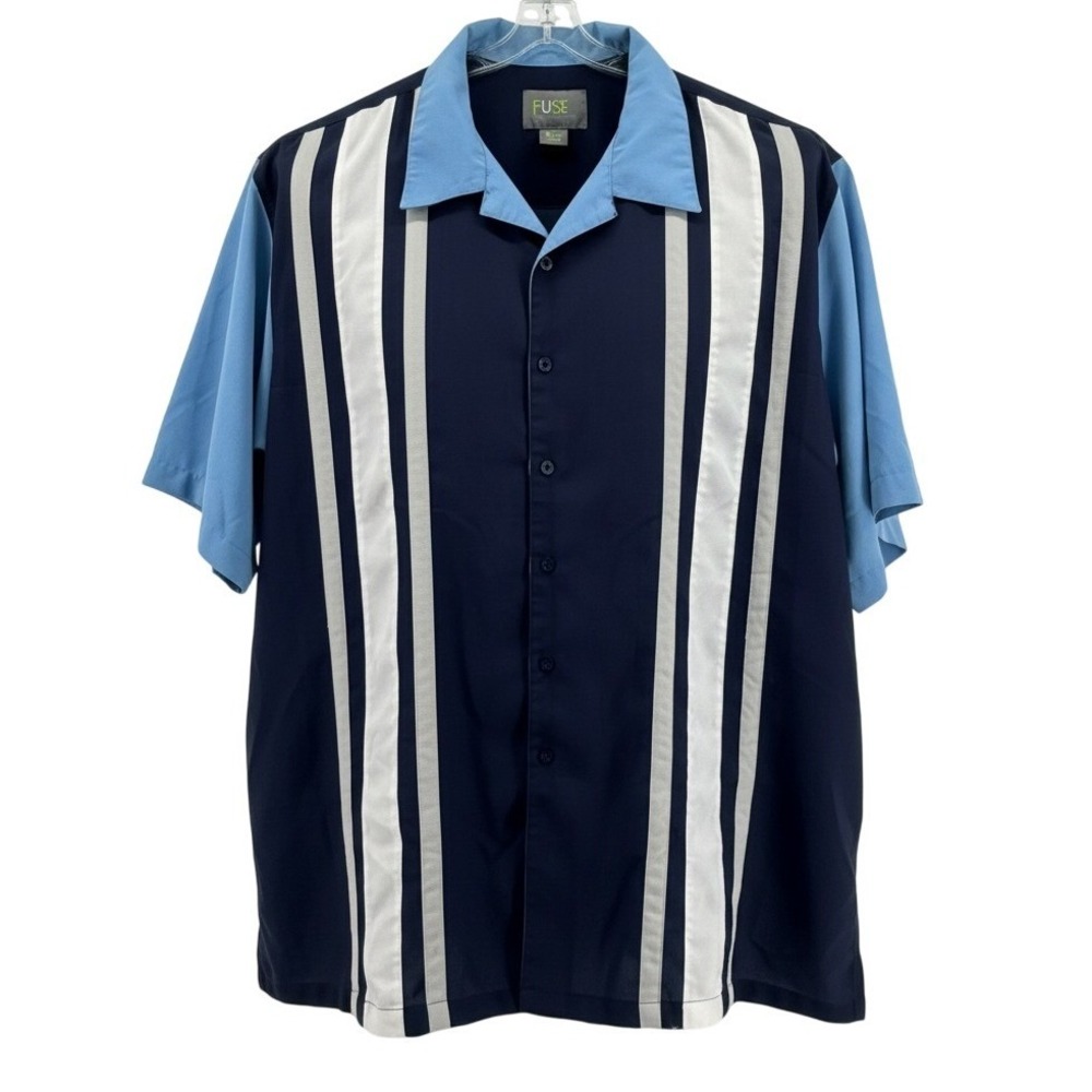 FUSE Bowling Shirt Mens 4XLT Navy Blue Polyester Vertical Stripes Retro Tall
